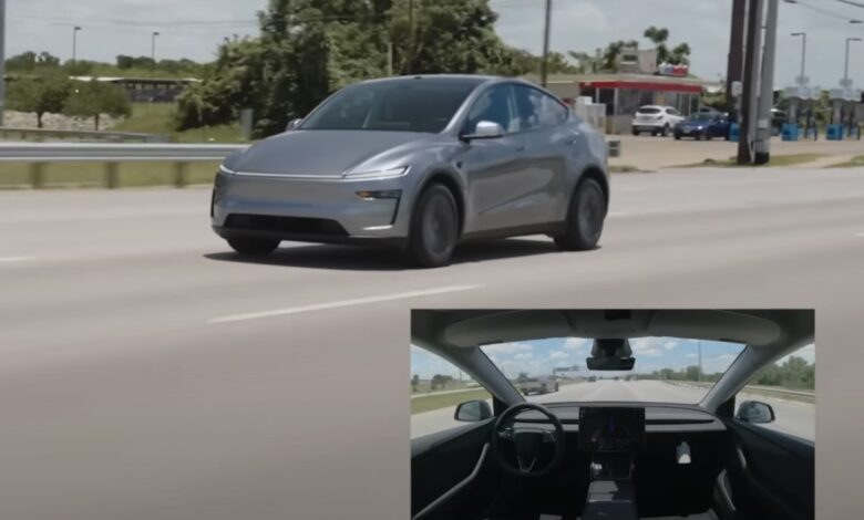 A screenshot of a video of a Tesla Model Y delivering itself to a customer in Austin, Texas