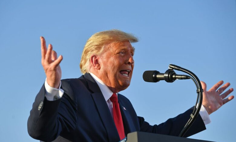 Donald Trump speaking into a microphone against a backdrop of the sky. He is gesticulating with his hands.